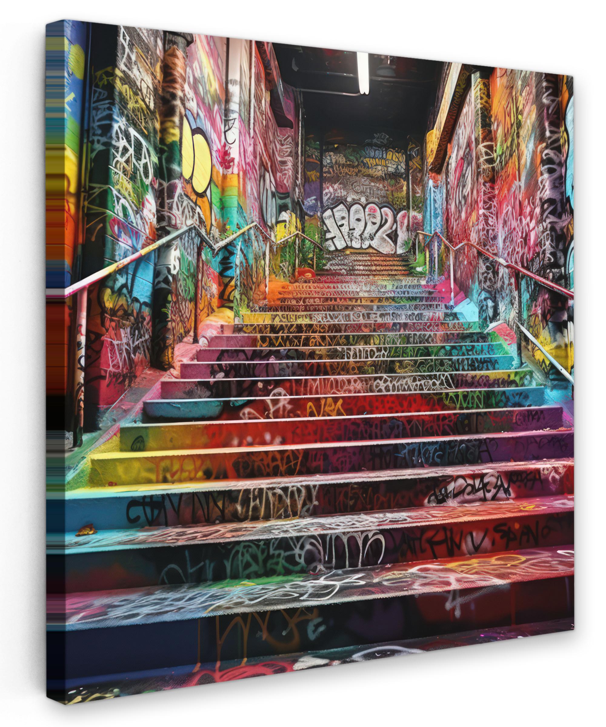 LEINWANDBILD Treppe - Graffiti - Farben - Kunst Wandbild Wohnzimmer 50x50 cm - Multicolor, Textil (50/50cm) - MuchoWow