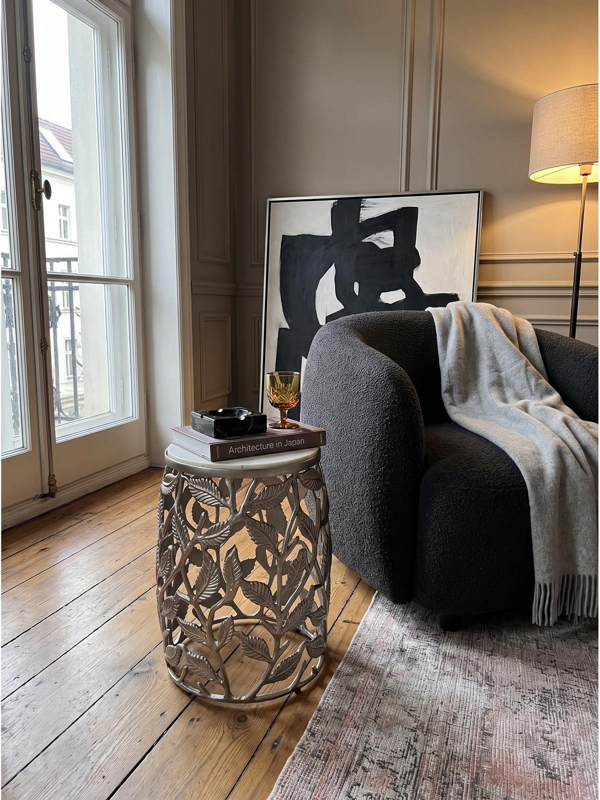 BEISTELLTISCH ALASSIO, Marmor, handgefertigt, Silber-Weiß, Ø 40 x 46 cm - Silberfarben, Stein/Metall (40/40/46cm) - KADIMA DESIGN