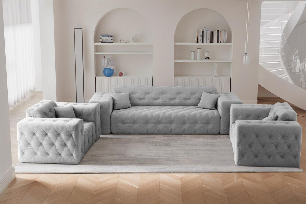 SOFASET Chantal In Moly - Hellgrau, Holzwerkstoff/Textil (251/78/96cm) - Fun Möbel