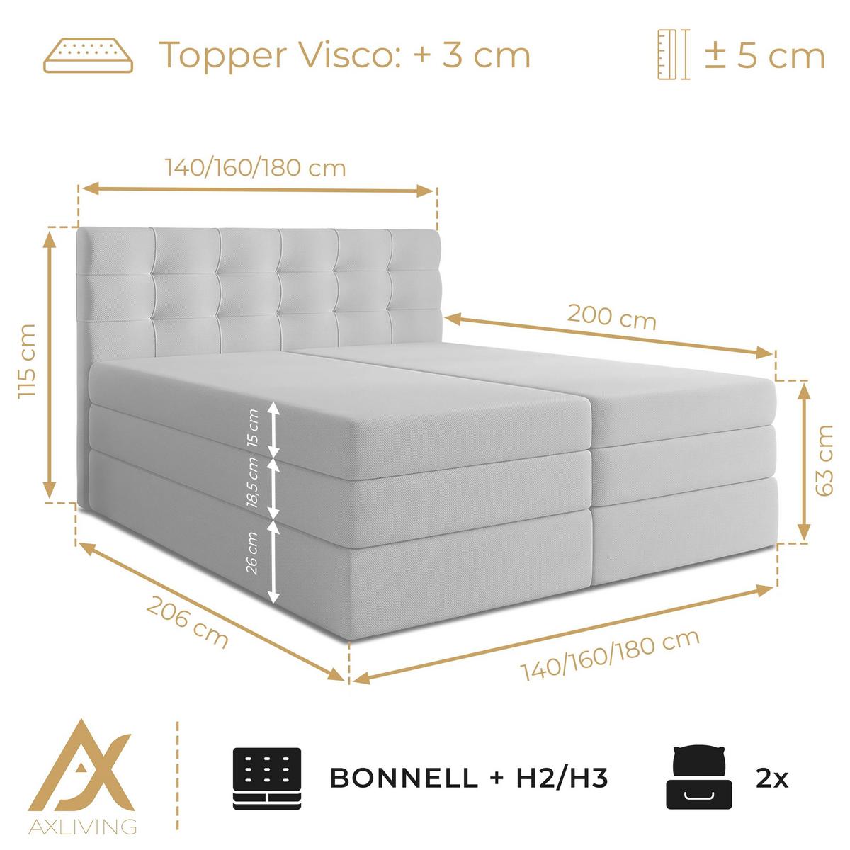 BOXSPRINGBETT FINIKE 140x200 cm mit Bettkasten und 2 Matratzen - Hellgrau + TOPPER - Hellgrau/Schwarz, Holz/Holzwerkstoff (140/200cm) - AX Living