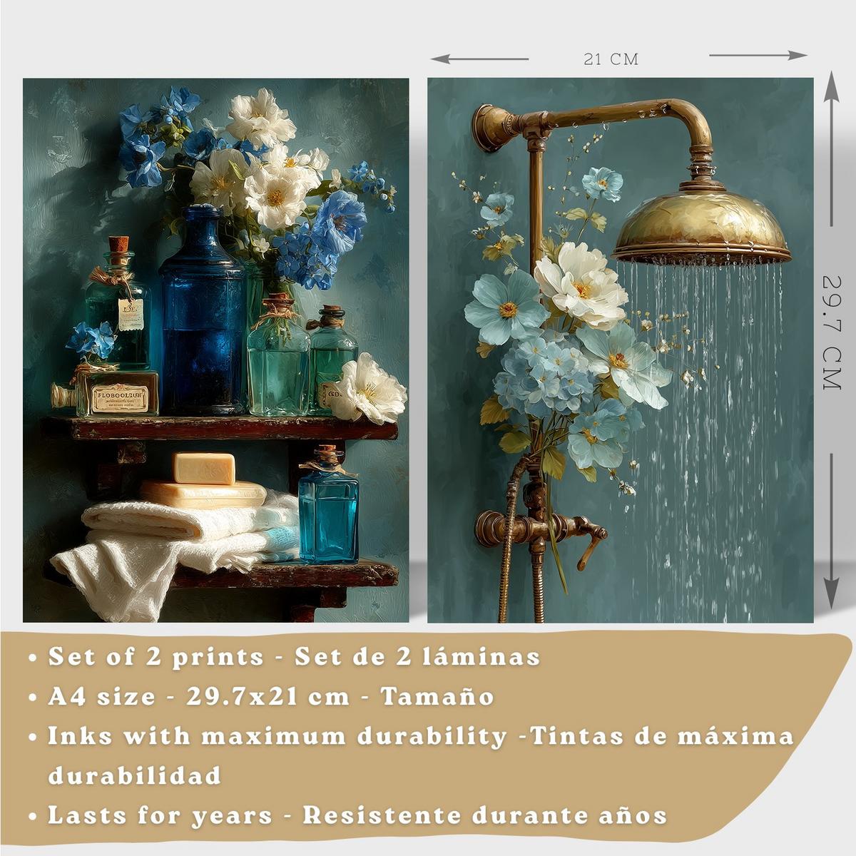 POSTER 2er-Set dekorative Badezimmer-Wandbilder, ästhetische Dusche und WC, Badezimmerdekoration mit Blumen Flaschen und Dusche Leichter Holzrahmen A4 - Beige, Papier (29.7/21/3cm) - Nacnic
