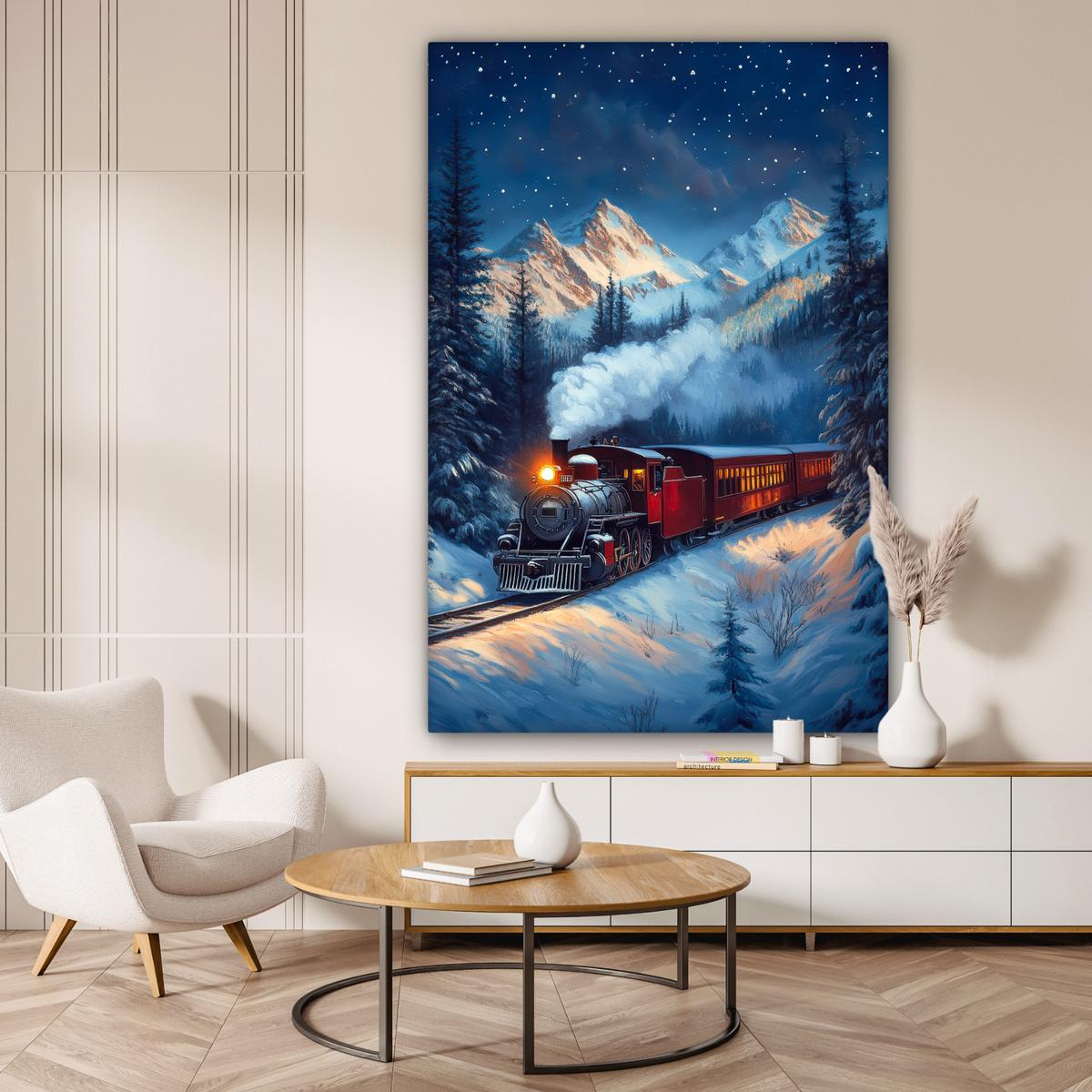 LEINWANDBILD Zug - Weihnachten - Schnee - Weihnachtszug Deko Groß 90x140 cm - Anthrazit, Textil (90/140cm) - MuchoWow