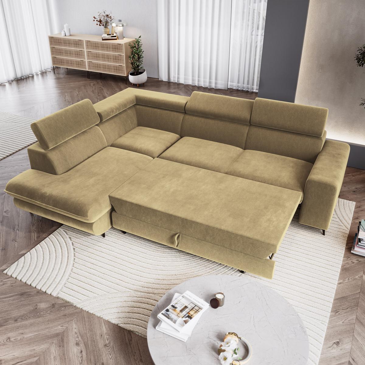 ECKSOFA VELISS Currygelb Veloursstoff mit Schlaffunktion - Currygelb, Holz (255/193cm) - MASSENO