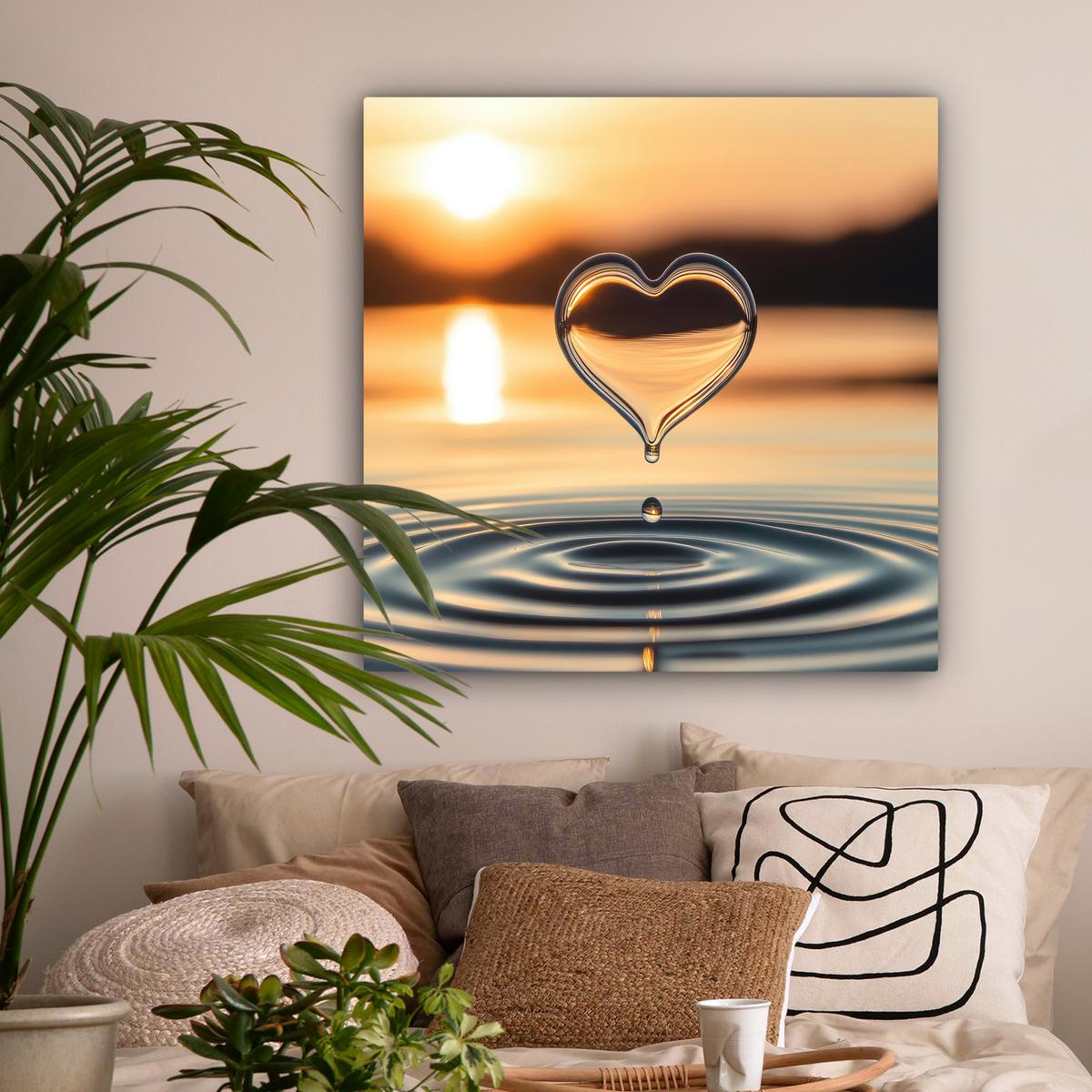 LEINWANDBILD Herz - Wasser - Sonnenuntergang - Natur - Zen Deko Groß 90x90 cm - Bernsteinfarben, Textil (90/90cm) - MuchoWow