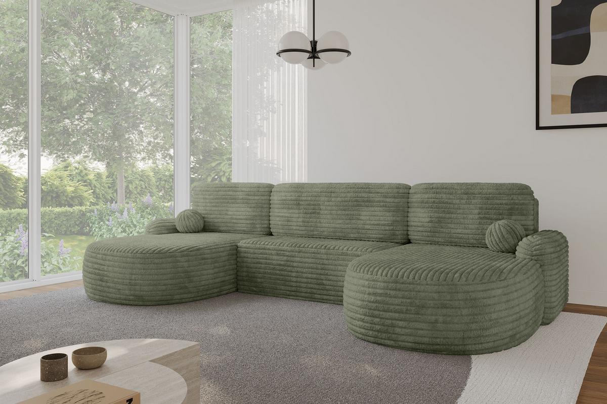 WOHNLANDSCHAFT mit Schlaffunktion und Bettkasten LIRA-U - 335x172x89 Olive - Olivgrün, Holzwerkstoff/Textil (335/89/172cm) - ALTDECOR