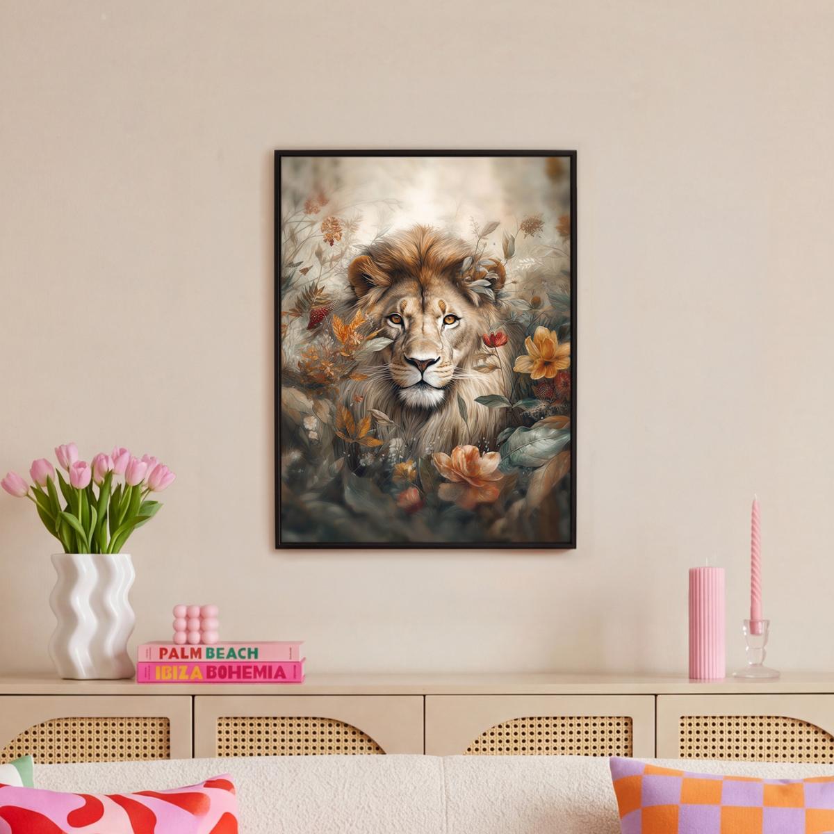 LEINWAND Bilder mit Rahmen - Löwe - Wildtiere - Pflanzen - Natur - Blumen - 60x80 - Beige, Textil (60/80cm) - MuchoWow