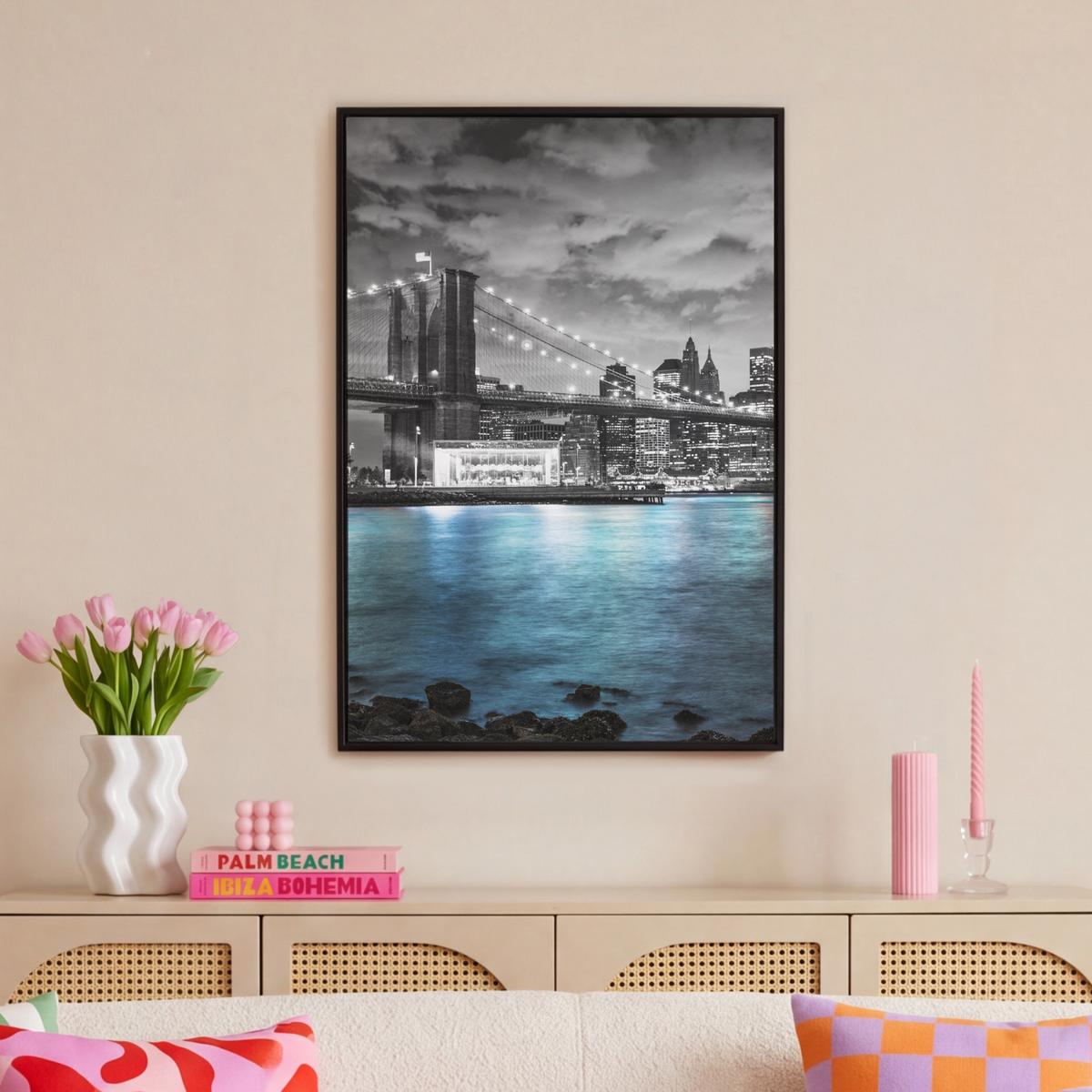 LEINWAND Bilder mit Rahmen - New York - Skyline - Stadt - Blau - 60x90 - Blaugrau, Textil (60/90cm) - MuchoWow
