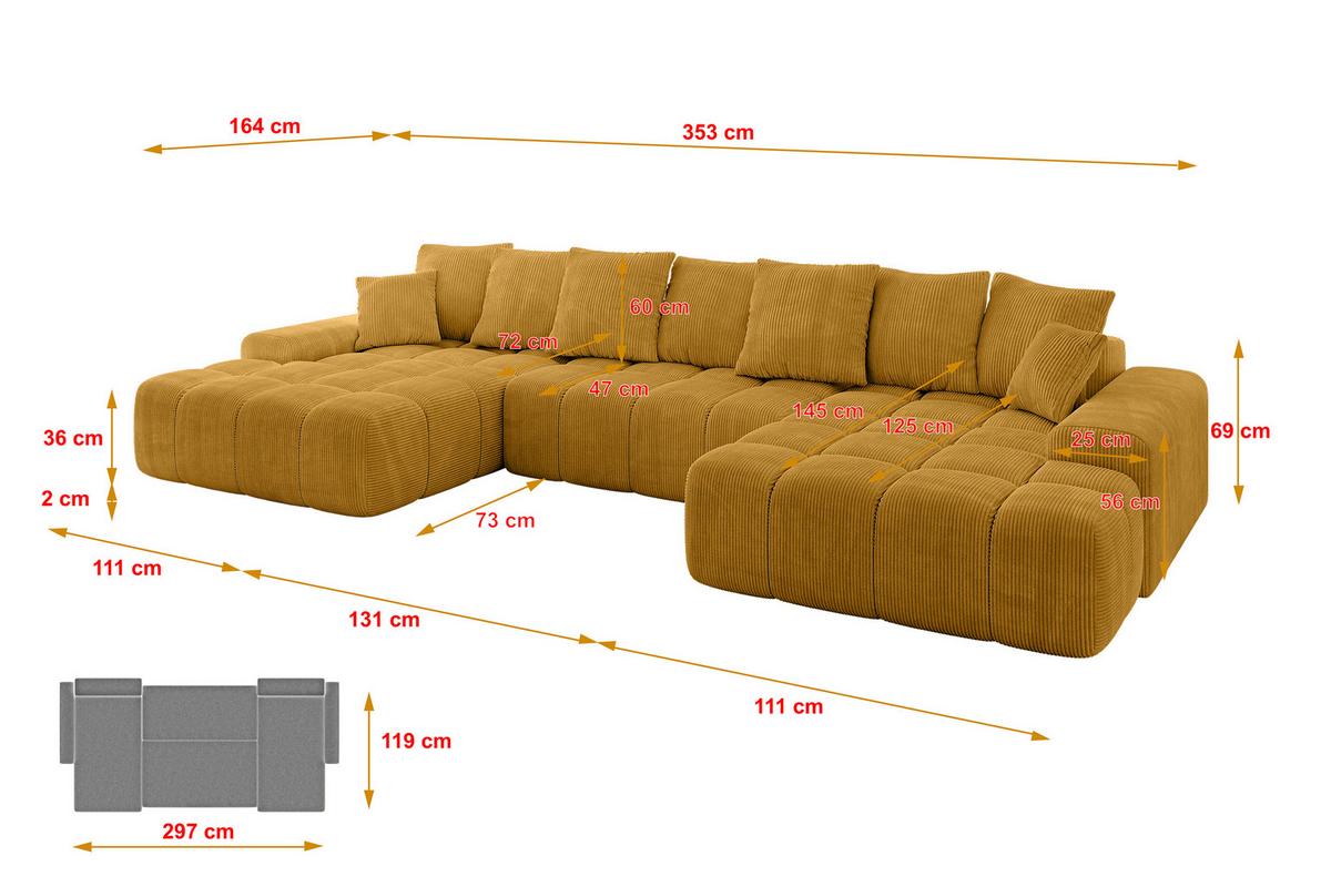 WOHNLANDSCHAFT ENSI-U - 353x164x69 cm Currygelb - Currygelb, Holzwerkstoff/Kunststoff (357/69/164cm) - ALTDECOR