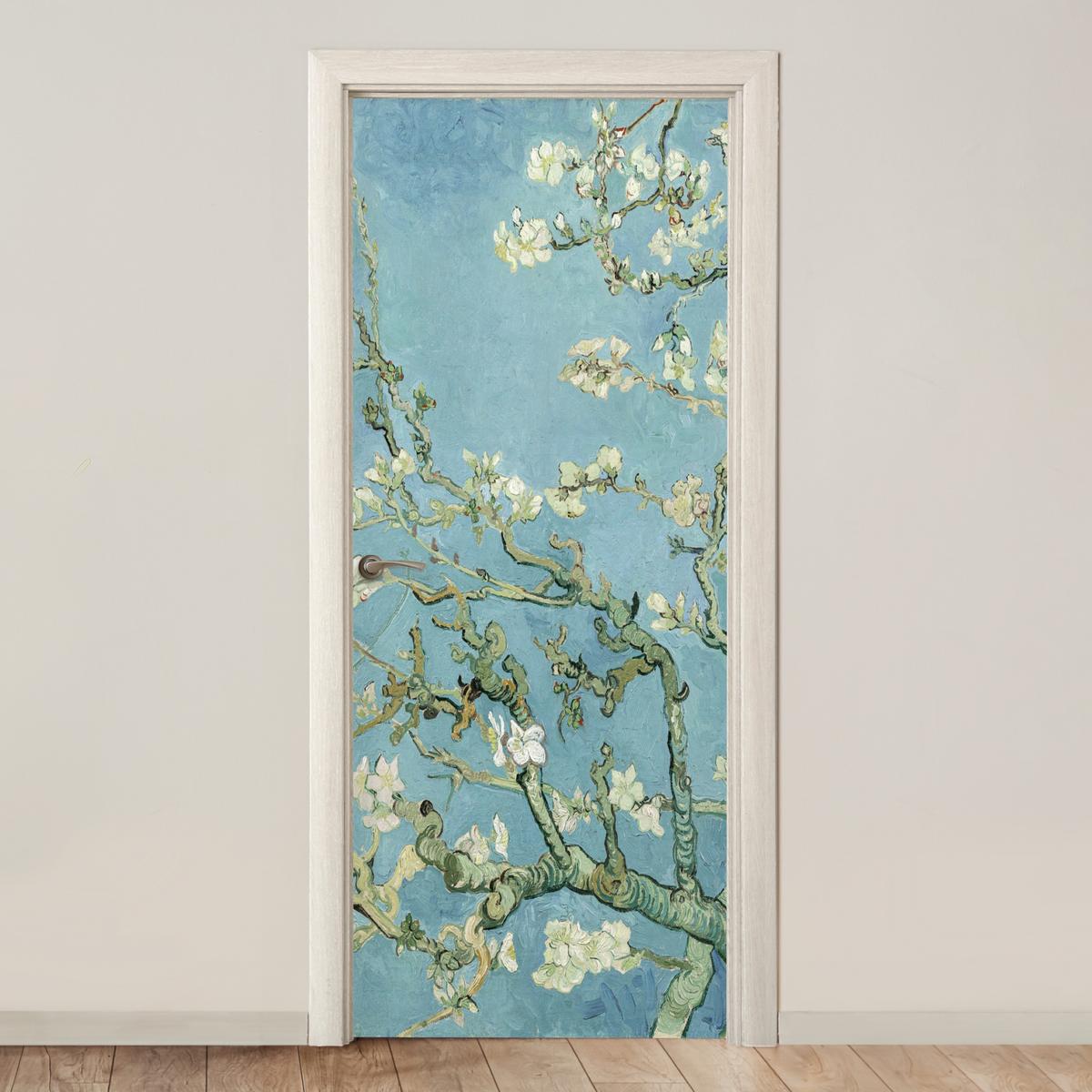 TÜRAUFKLEBER Selbstklebend - Mandelblüte - Van Gogh - Kunst 85x205 cm - Türtapete - Pastellblau, Kunststoff (85/205cm) - MuchoWow
