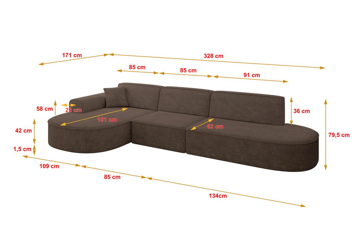 ECKSOFA Ottomane Links MARI-L2 - 328x171x79 cm Braun Velours - Schwarz/Braun, Holzwerkstoff/Kunststoff (328/171cm) - ALTDECOR