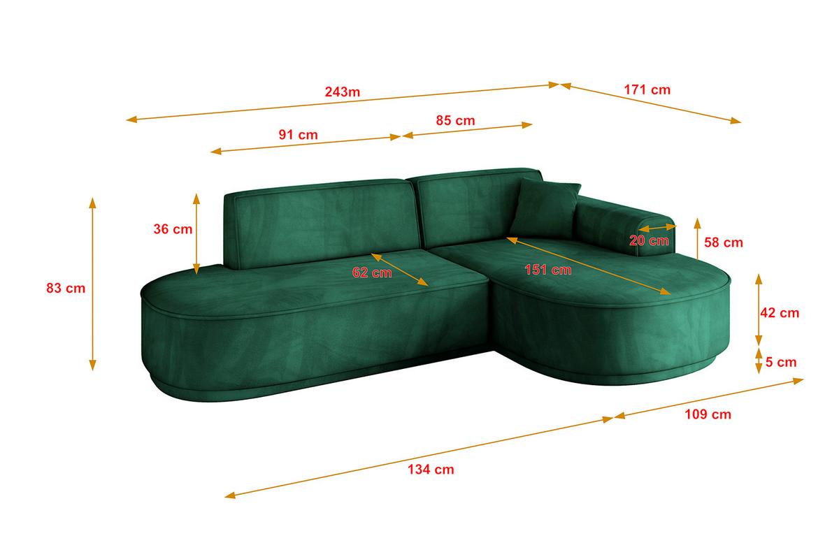 ECKSOFA Ottomane Rechts MARI-L1-v3 - 243x171x83 cm Grün Velours - Schwarz/Grün, Holzwerkstoff/Kunststoff (171/243cm) - ALTDECOR