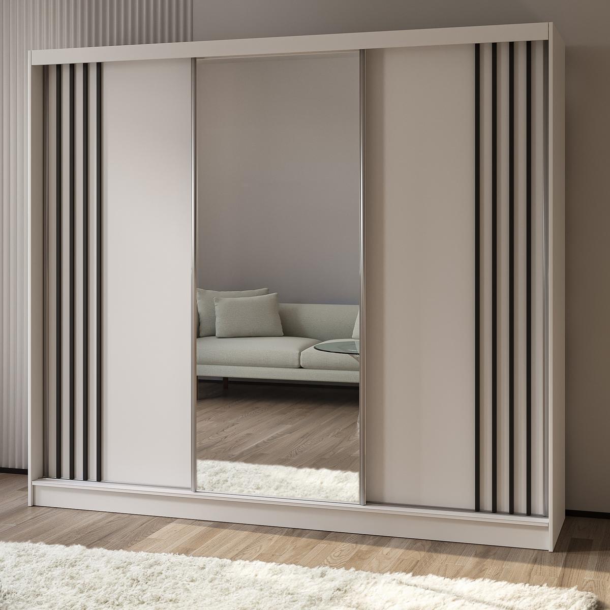 SCHWEBETÜRENSCHRANK NELVIA 240/216/61 cm 3-türig mit Spiegel Weiß - Weiß, Holzwerkstoff (240/216/61cm) - MASSENO