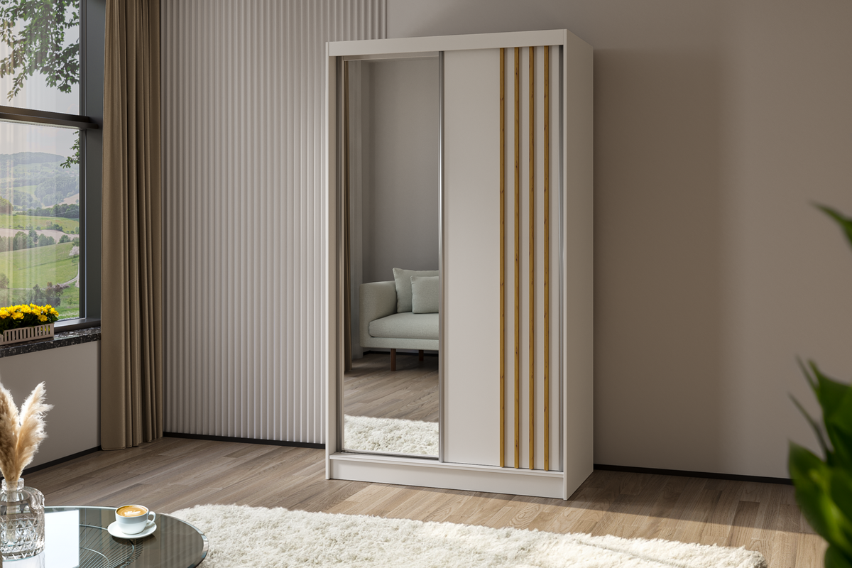 KLEIDERSCHRANK mit Spiegel-Schiebetüren und Aluminium-Leisten - NALLA - 120 cm Weiß+Weiß+Artisan - Weiß/Eiche Artisan, Holzwerkstoff (120/216/61cm) - ALTDECOR