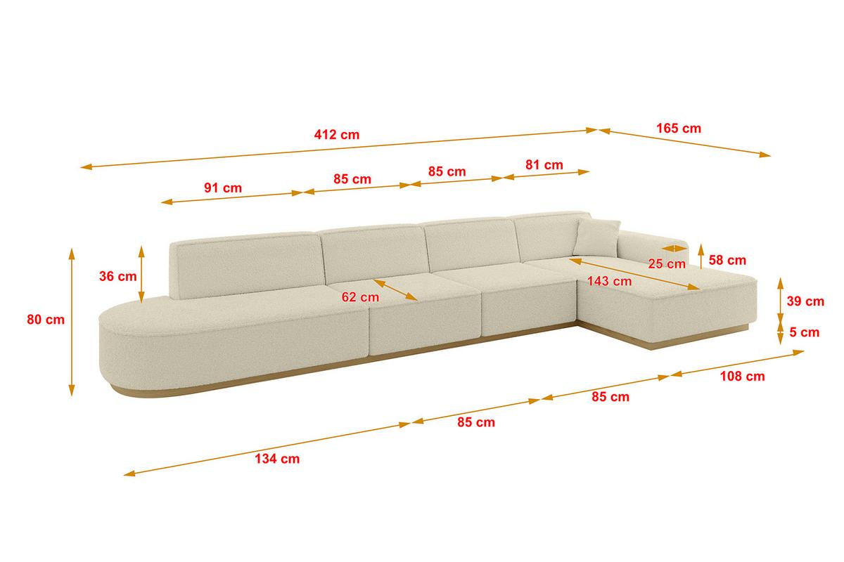 ECKSOFA Ottomane Rechts IREA-L3-v2 - 412x165x80 cm Beige - Ecru/Creme, Holzwerkstoff/Textil (412/165cm) - ALTDECOR