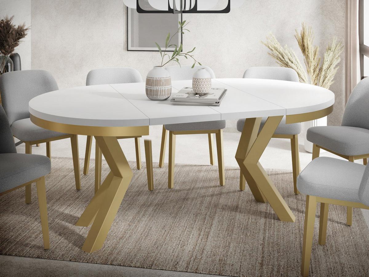 ESSTISCH Clara Gold runder ausziehbarer, Weiß 120-200/120/76 cm - Goldfarben/Weiß, Holzwerkstoff/Metall (120/196/76cm) - WFL GROUP
