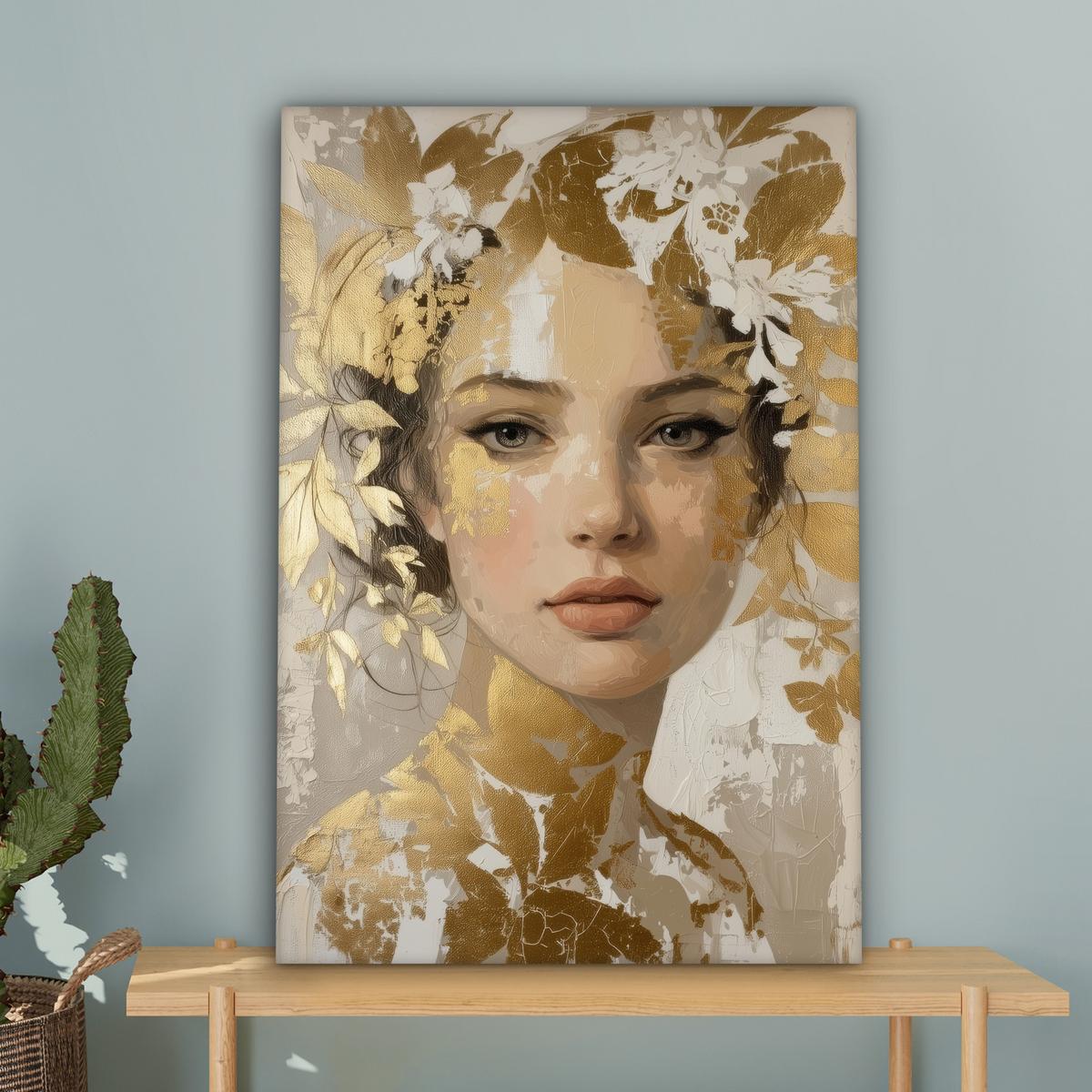LEINWANDBILD Gesicht - Frau - Blätter - Gold Wanddeko 40x60 cm - Beige, Textil (40/60cm) - MuchoWow