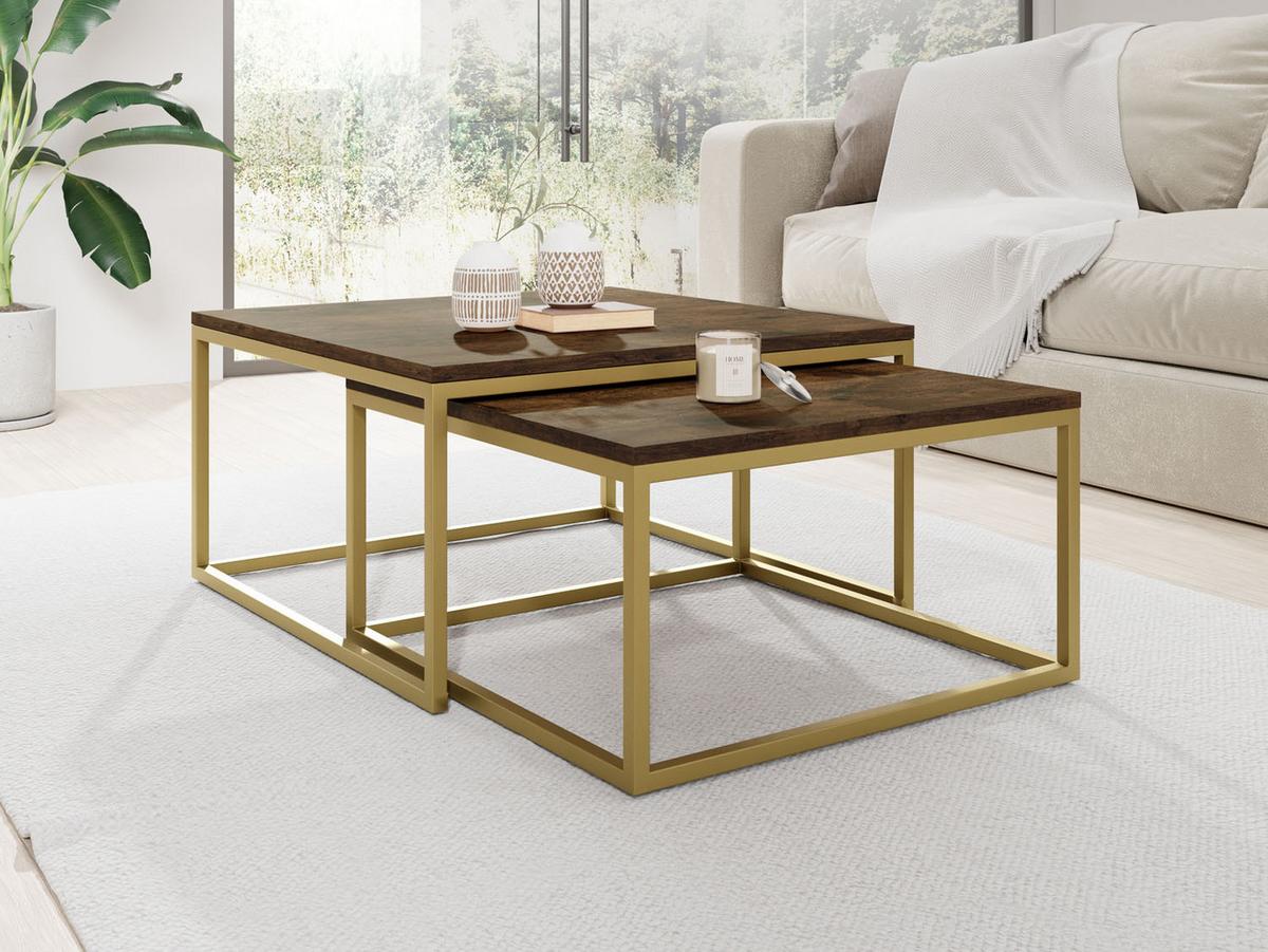 COUCHTISCHE Vella Gold 2er-Set quadratisch, Lefkas Eiche 76/76/39cm + 66/66/34 cm - Alteiche/Goldfarben, Holzwerkstoff/Metall (76/76/39cm) - WFL GROUP