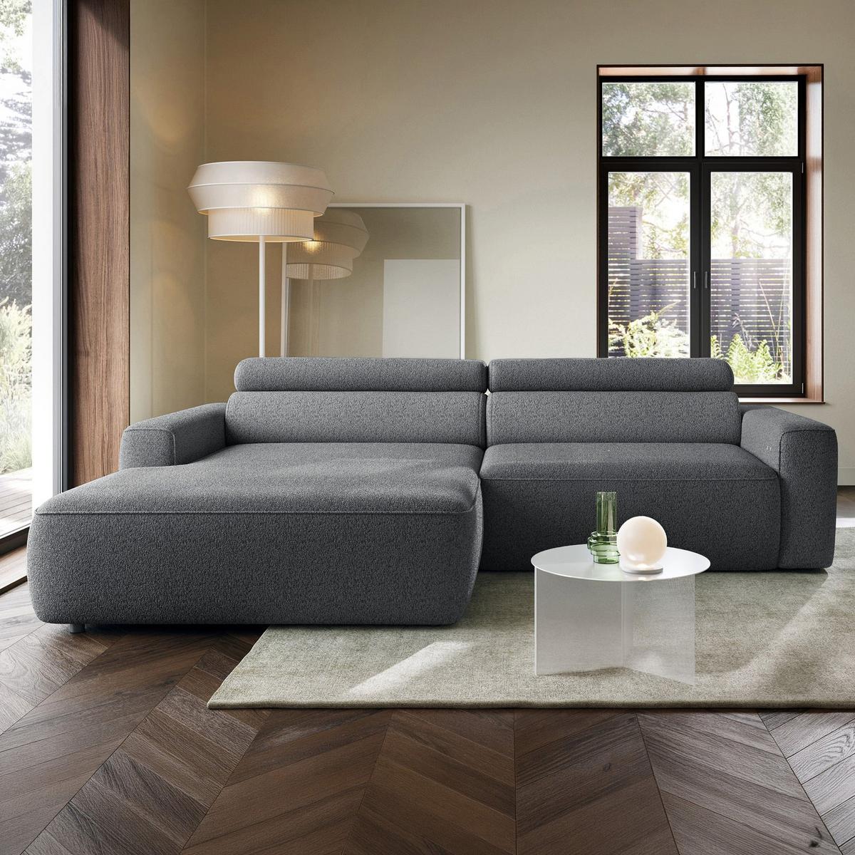 ECKSOFA Fando mit Schlaffunktion, L-Form, 4-Sitzer 252 cm, links Flechtstoff Grau - Schwarz/Grau, Holz/Kunststoff (252/182cm) - Selsey