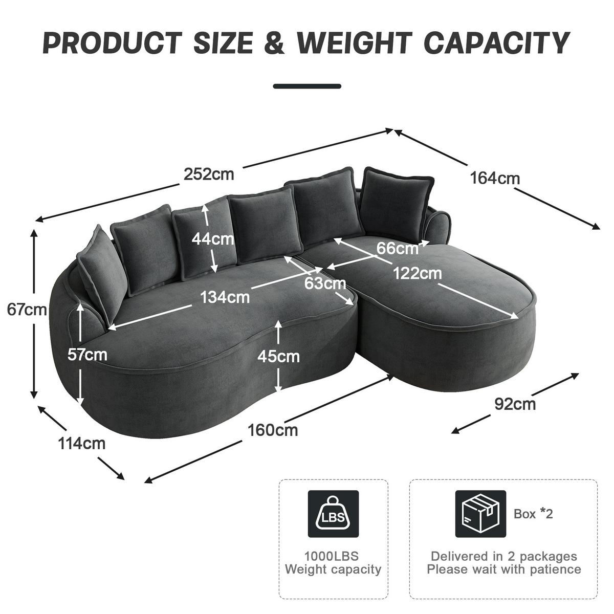 ECKSOFA chenille mit extra tiefer chaiselongue & rahmenlosem design - Grau, Textil (252/164cm) - Urban Meuble