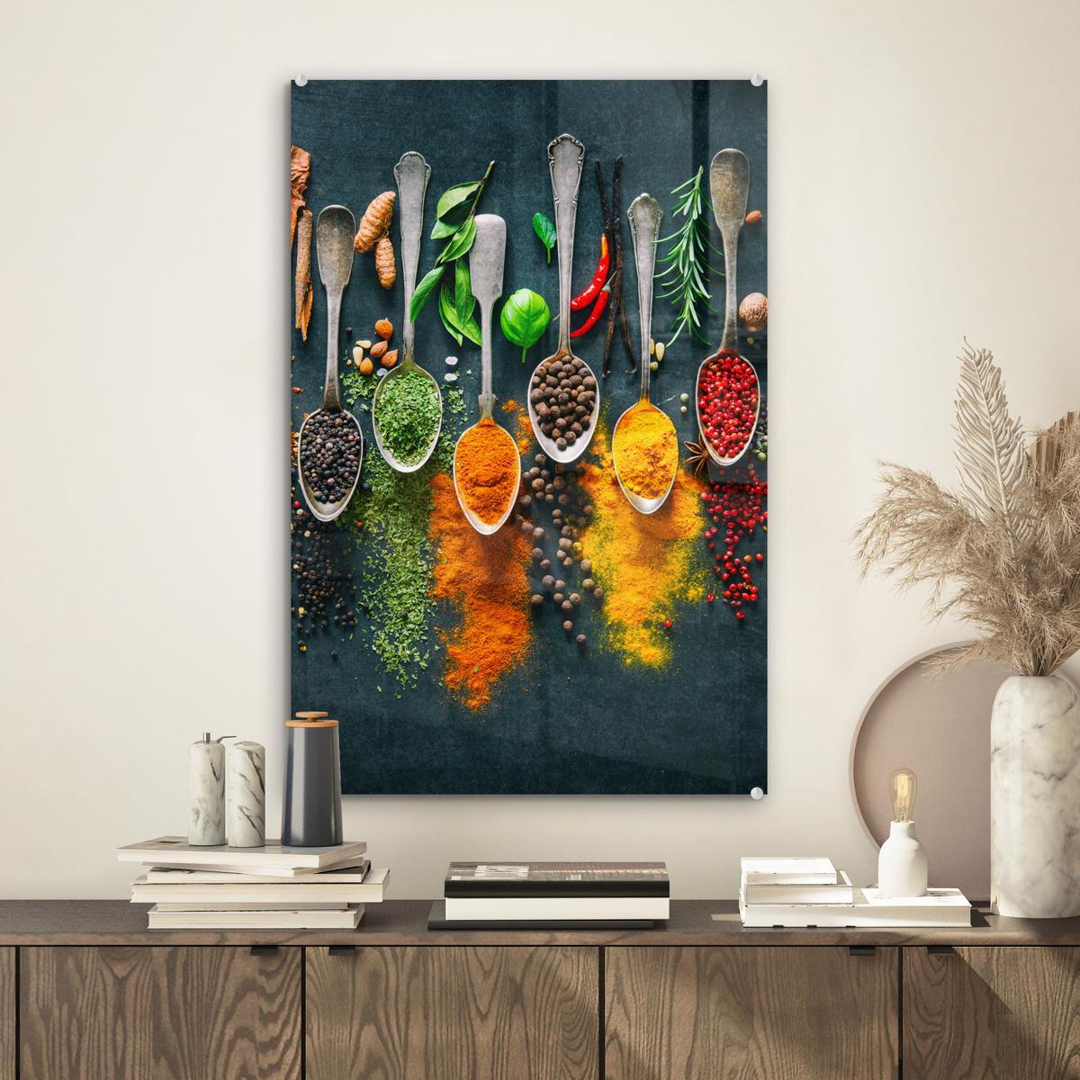 ACRYLGLASBILD Kräuter - Gewürze - Löffel Wanddeko Wohnzimmer 40x60 cm - Currygelb, Glas (40/60cm) - MuchoWow