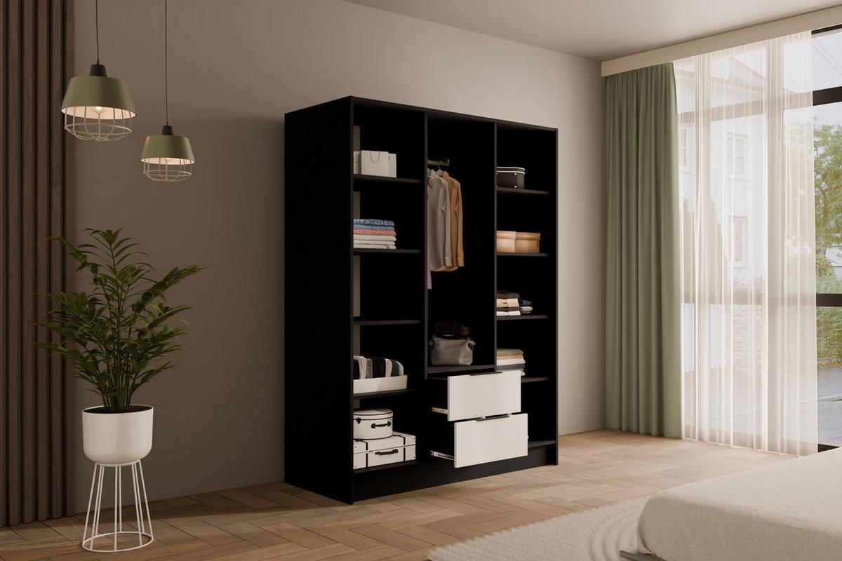 KLEIDERSCHRANK NELIA - 150 cm - Schwarz/Weiß, Holzwerkstoff (150/200/51cm) - ALTDECOR