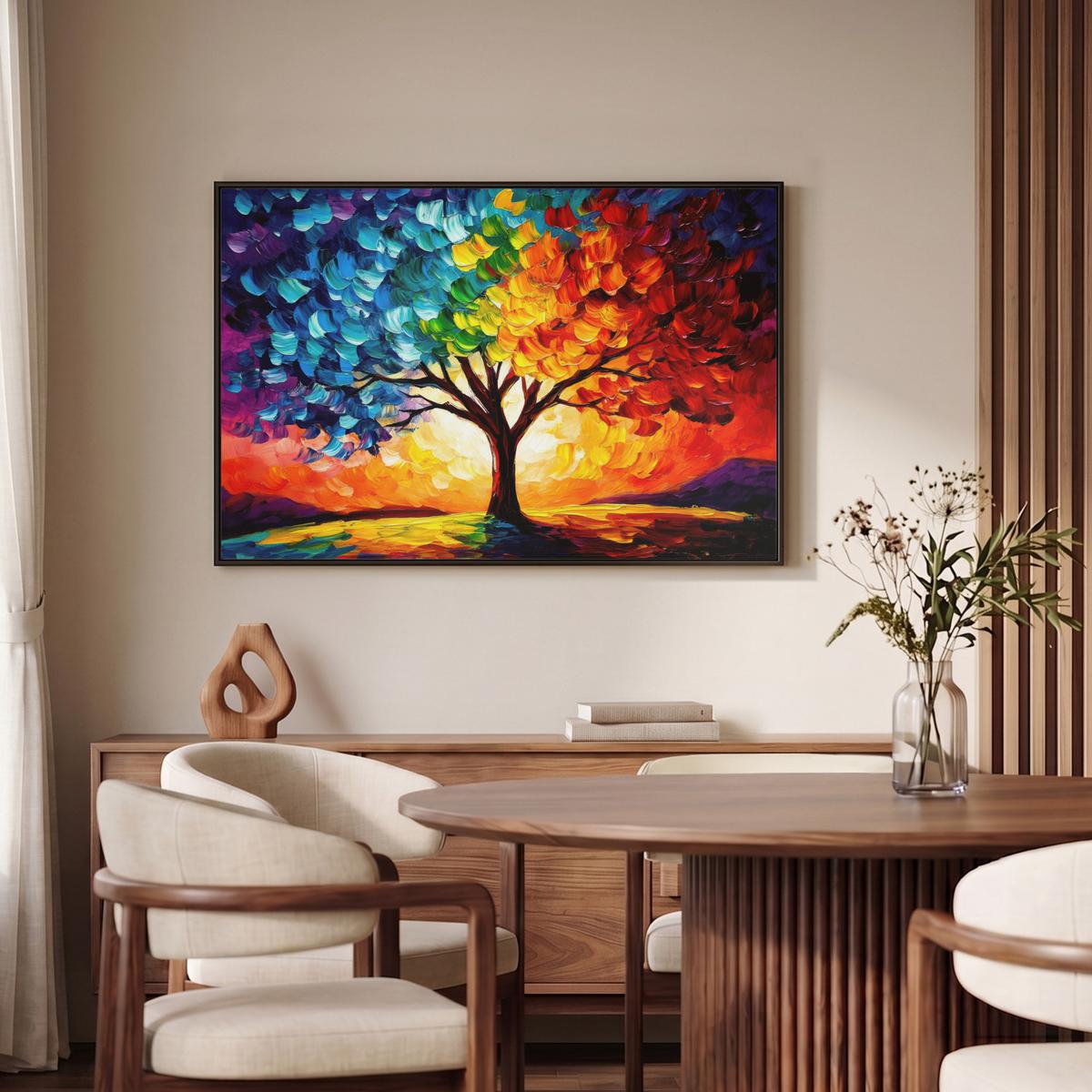 LEINWAND Bilder mit Rahmen - Baum - Kunst - Natur - Sonnenuntergang - 90x60 - Multicolor, Textil (90/60cm) - MuchoWow
