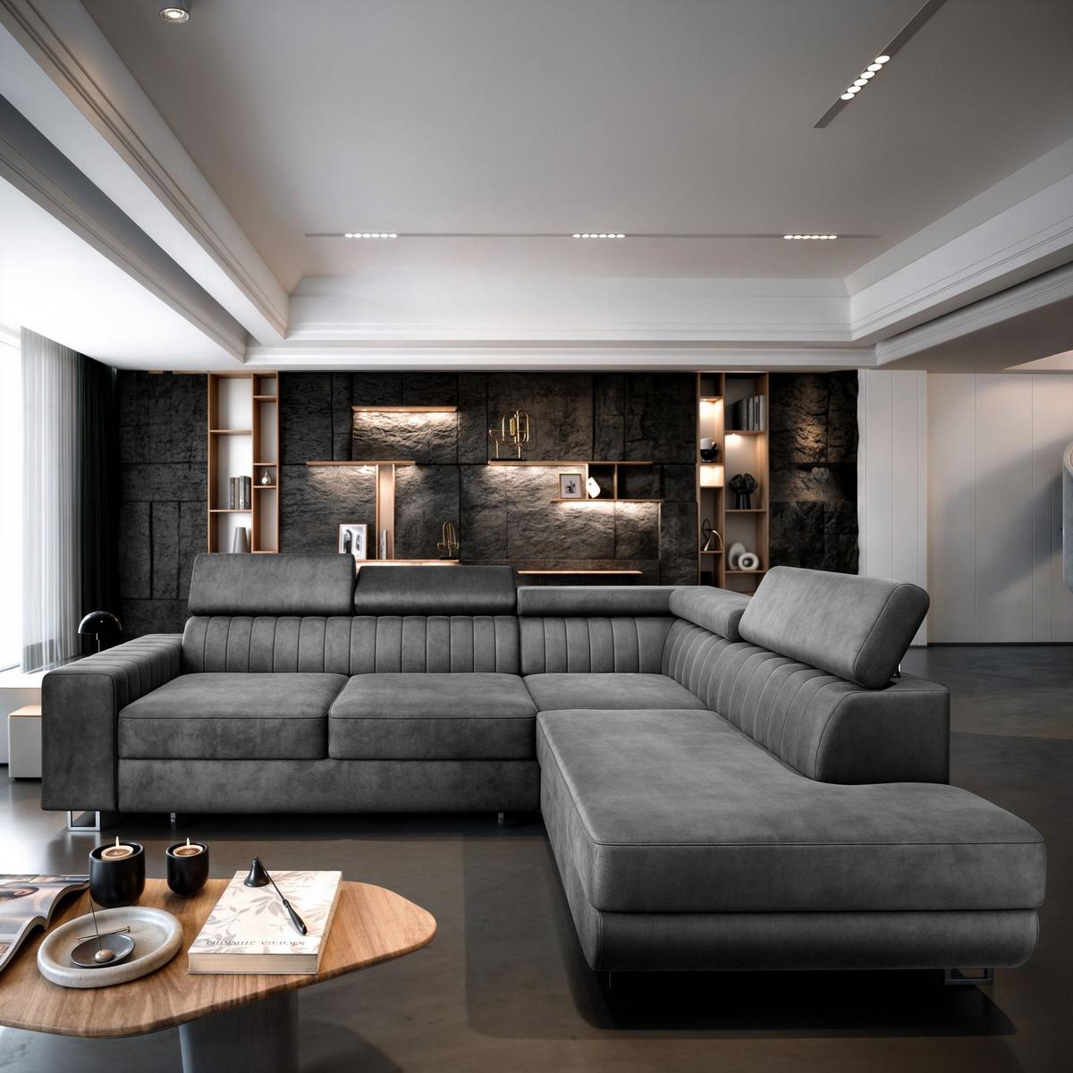 ECKSOFA NOLA R-S Grau Velours-Stoff mit Schlaffunktion - Silberfarben/Grau, Holz/Textil (253/190cm) - MASSENO