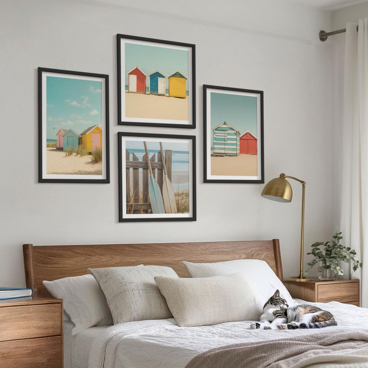 BILDER SET 4er Set - 50x50 cm & 40x60 cm Schwarzer Rahmen - Bunte Häuser, Strand, Sonne - Schwarz, Kunststoff (50/50cm) - TULUP