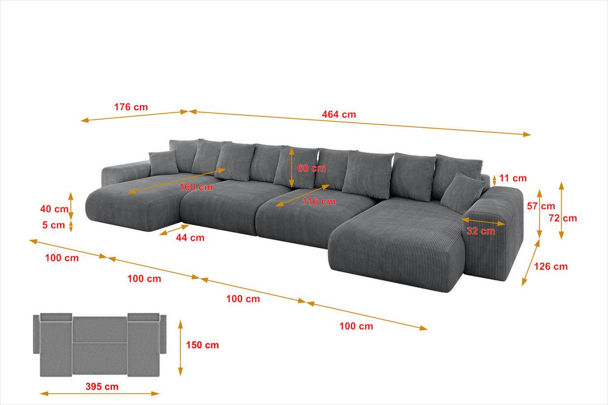 WOHNLANDSCHAFT mit Schlaffunktion ESKAR-U2-464x176x72cm Dunkelgrau - Dunkelgrau, Holzwerkstoff/Kunststoff (176/72/464cm) - ALTDECOR