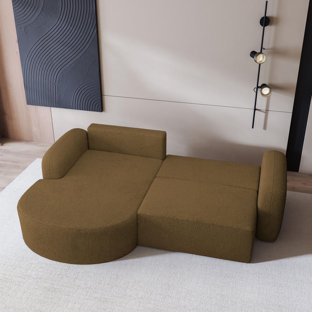 ECKSOFA AMILIA L-S Orange Boucle-Stoff mit Schlaffunktion - Orange, Holz (263/174cm) - MASSENO