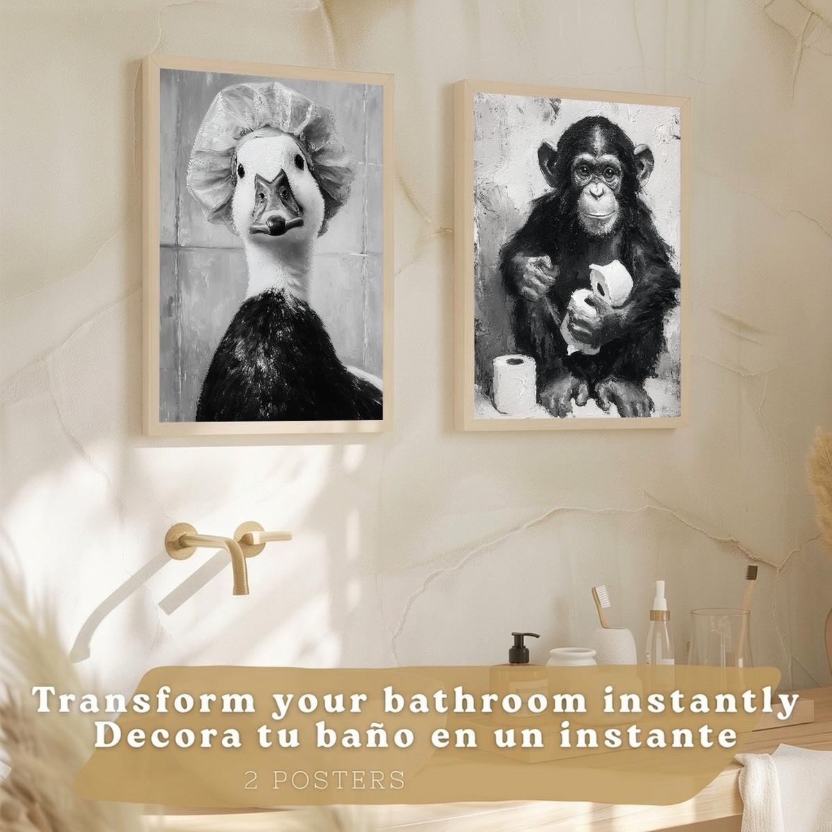 POSTER 2er-Set lustige Tiermotive in Schwarz-Weiß fürs Badezimmer, witzige für Toilette, Bad und Waschbecken, minimalistischer Stil Rahmenlos A3 - Klar, Papier (42/29.7/3cm) - Nacnic