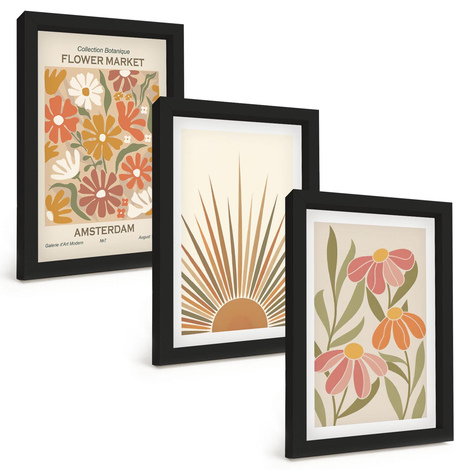 BILDER SET 3er Set - 20x30 cm Schwarzer Rahmen - Pastellfarbene Sonnenblumen - Schwarz, Kunststoff (20/30cm) - TULUP