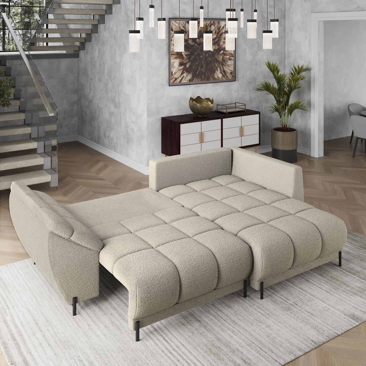 ECKSOFA VESTANO R-S Beige Boucle-Stoff mit Schlaffunktion - Beige, Holz (287/182cm) - MASSENO