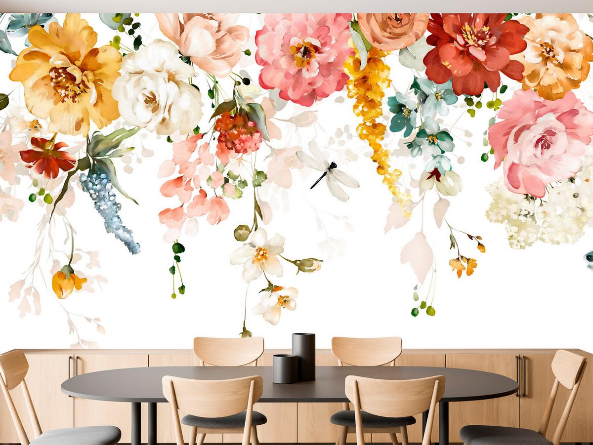 FOTOTAPETE für Schlafzimmer Aquarell Bunte Blumen Ranken Blätter 250x175 - Gelb/Rot, Papier (250/175cm) - Muralo