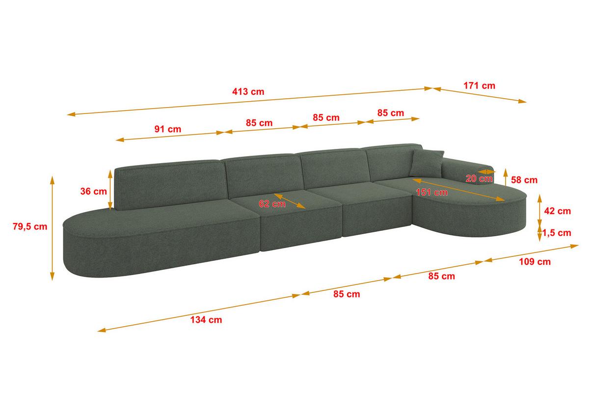 ECKSOFA Ottomane Rechts MARI-L3 - 413x171x79 cm Grün Tissu - Schwarz/Grün, Holzwerkstoff/Kunststoff (171/413cm) - ALTDECOR