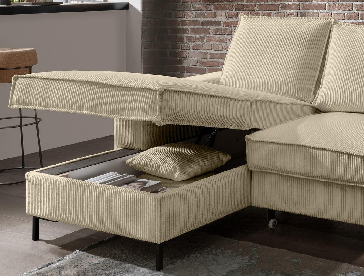 ECKSOFA mit Schlaffunktion, Bettkasten, Wellenunterfederung, Récamiere links B240/T150/H92 cm, Liegefl. 125x198 cm, Cord Beige Grau / 17223 - Greige/Schwarz, Textil/Metall (240/150cm) - luma-home