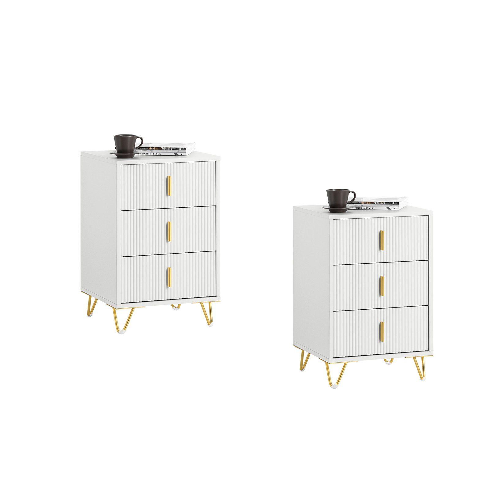 NACHTTISCH 2er Set, Beistelltisch mit 3 Schubladen, Weiß 40x40x63cm - Weiß, Holzwerkstoff (40/63/36cm) - SoBuy