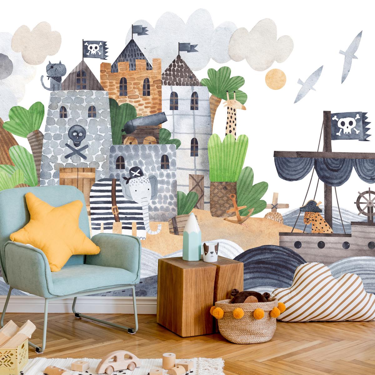 FOTOTAPETE für Kinderzimmer Märchen Piratenfestung Schiff Meereswellen 150x105 - Blau/Beige, Papier (150/105cm) - Muralo