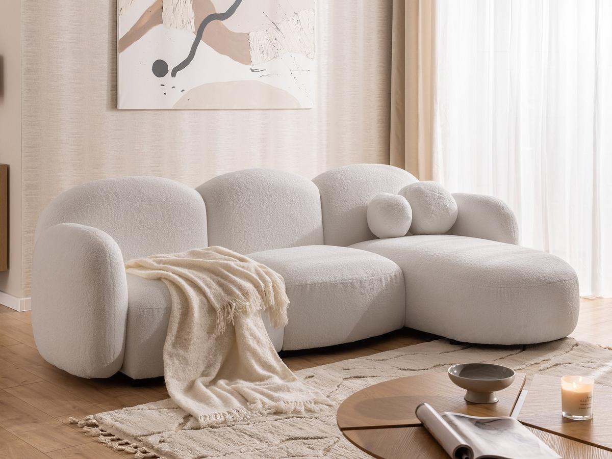 ECKSOFA Nuvola mit abgerundetem Design Schwarz Bouclé-Stoff - Ottomane Rechts - Schwarz/Weiß, Holz/Kunststoff (268/146cm) - S-Style
