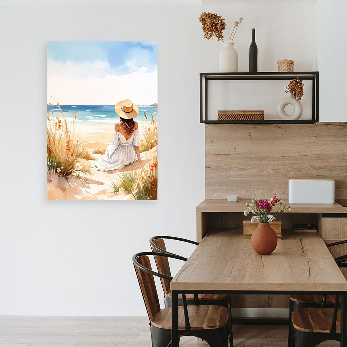 LEINWANDBILD Frau Strand Meer Landschaft 60x90cm - Beige, Textil (60/90cm) - Feeby