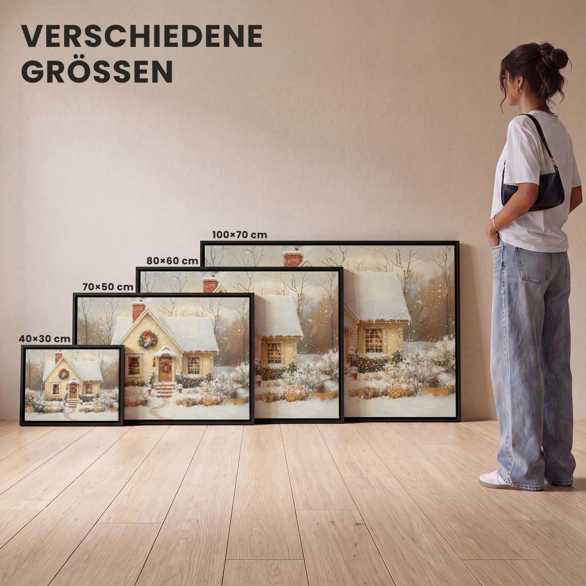 LEINWAND Bilder mit Rahmen - Weihnachten - Zuhause - Winter - Schnee - 40x30 - Creme, Textil (40/30cm) - MuchoWow