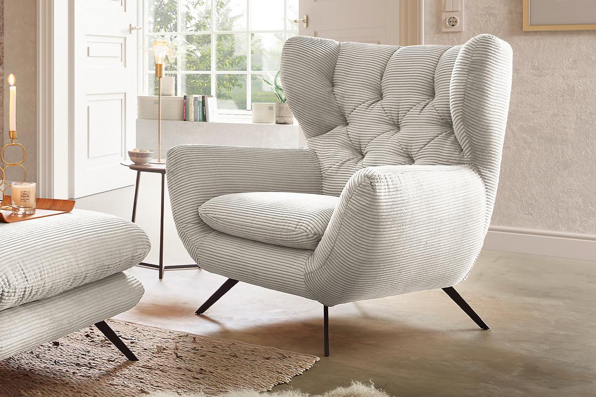 SESSEL CHARME Cremeweiß Cord - Creme/Schwarz, Textil/Metall (100/106/95cm) - KAWOLA