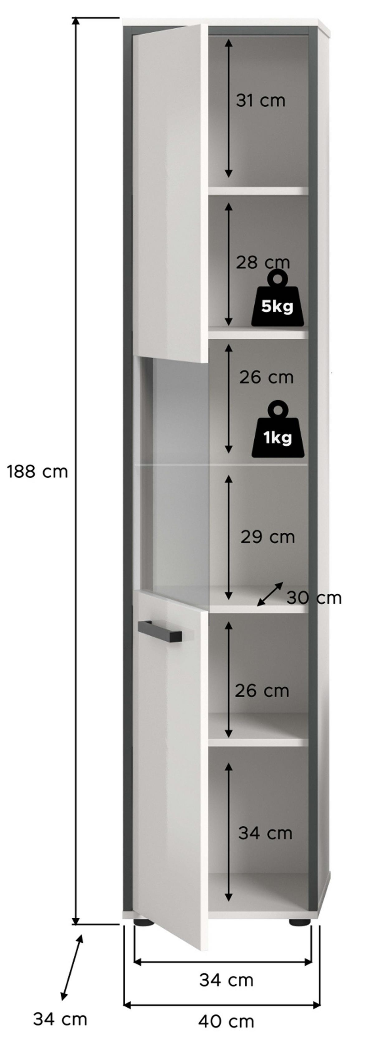 HOCHSCHRANK weiß Hochglanz, grau 40 x 185 cm, Badschrank mit 6 Fächern - Weiß Hochglanz/Schwarz, Glas/Holzwerkstoff (40/188/34cm) - Inn.Furn