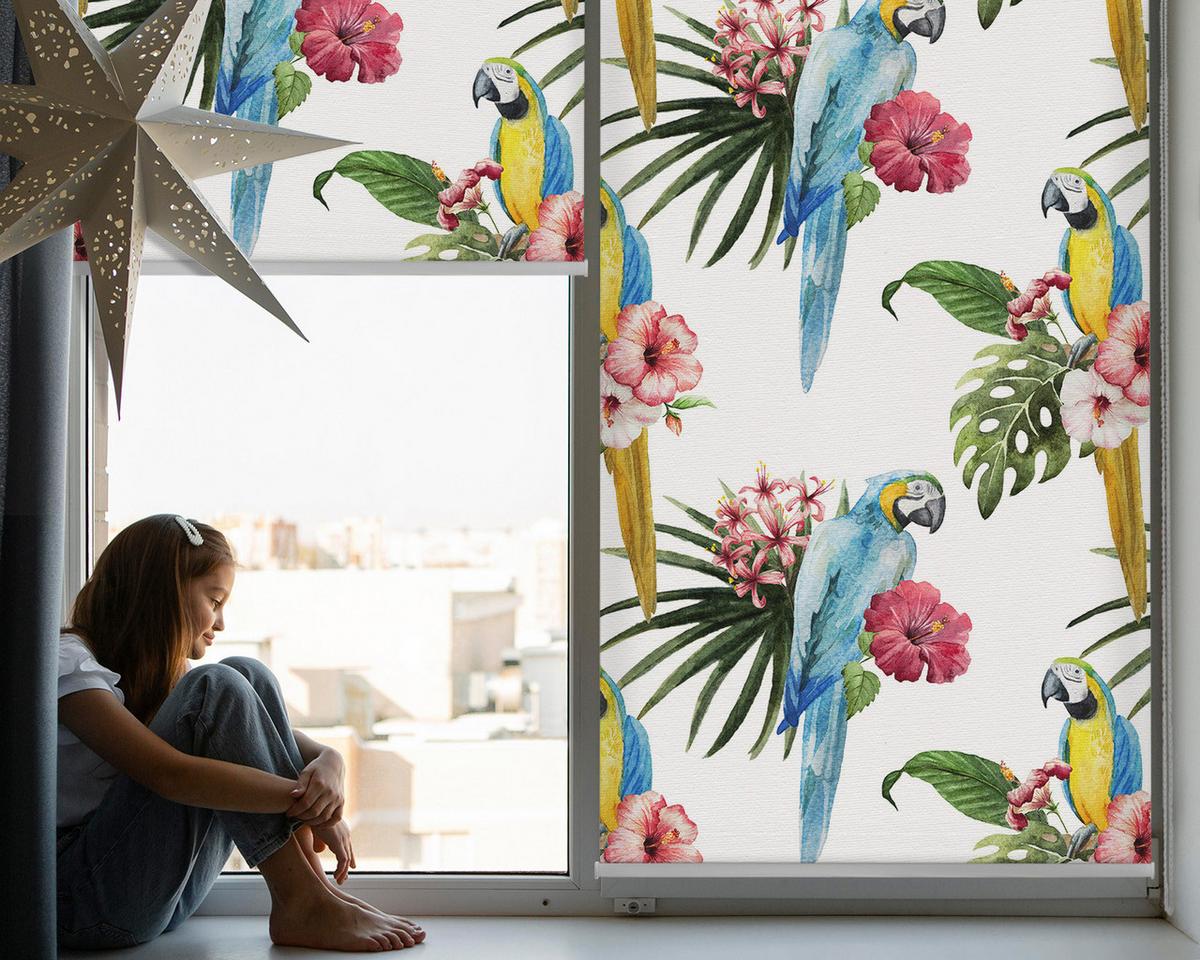 INNENROLLO - Fensterrollo - Rollo - 90x180 cm - Papagei auf Blumen - Blau, Kunststoff (90/180/0.5cm) - TULUP
