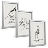 BILDER SET 3er Set - 20x30 cm Silberner Rahmen - Champagner-Wein-Linienzeichnung - Silberfarben, Kunststoff (20/30cm) - TULUP