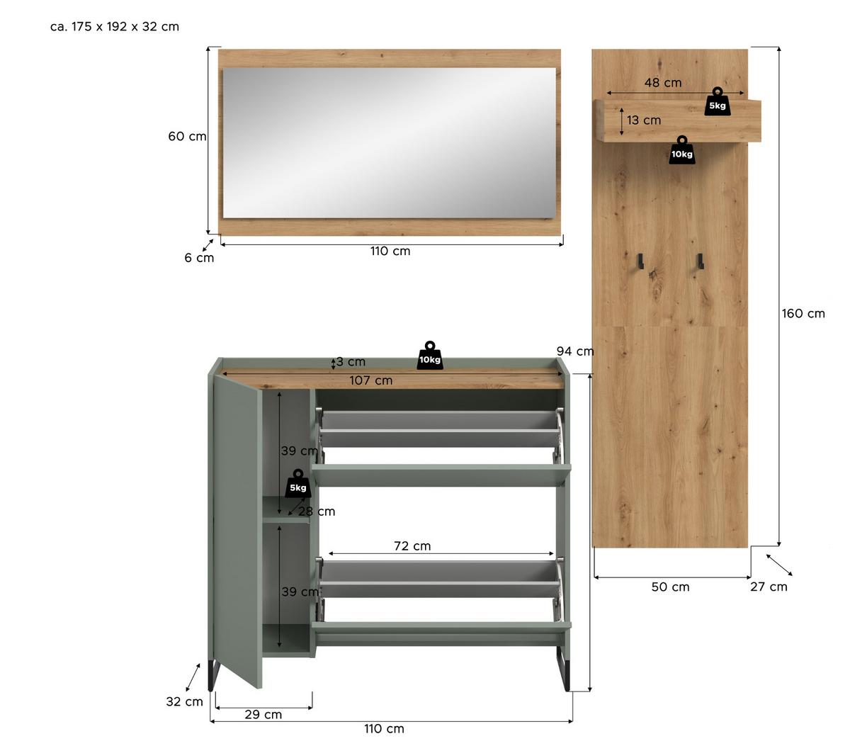 GARDEROBEN-SET 3-teilig Salbei grün, Eiche Artisan 175 cm, Garderobenschränke mit Soft-Close - Salbeigrün/Schwarz, Glas/Holzwerkstoff (175/192/32cm) - Inn.Furn