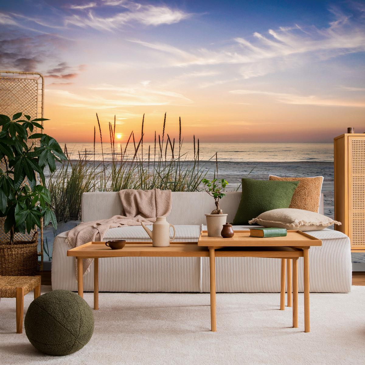 FOTOTAPETE Meer STRAND Dünen Sonnenuntergang Landschaft 3D 350x256cm - Beige/Violett, Papier (350/256cm) - Muralo