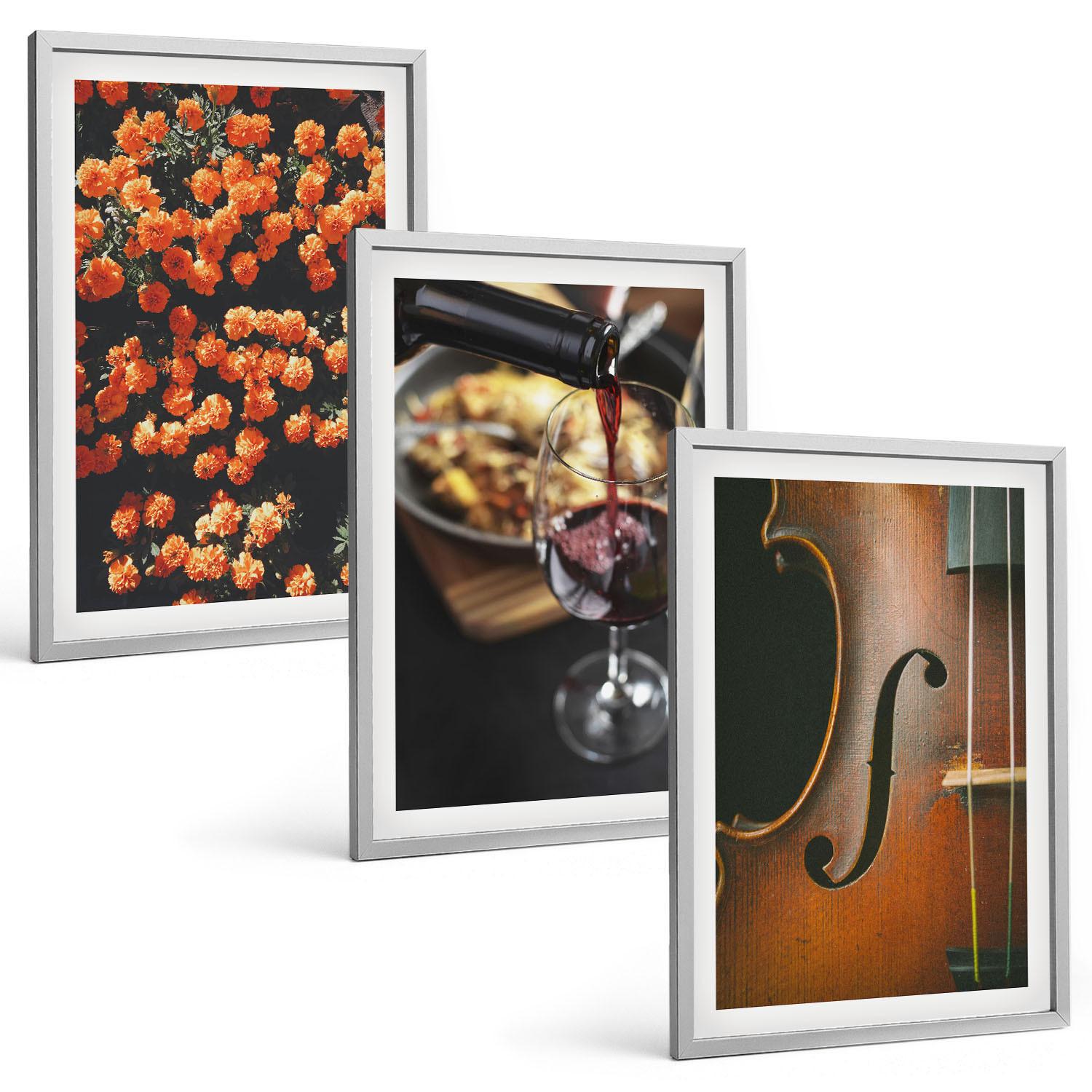 BILDER SET 3er Set - 40x60 cm Silberner Rahmen - Vintage Blumen Wein Geige - Silberfarben, Kunststoff (40/60cm) - TULUP