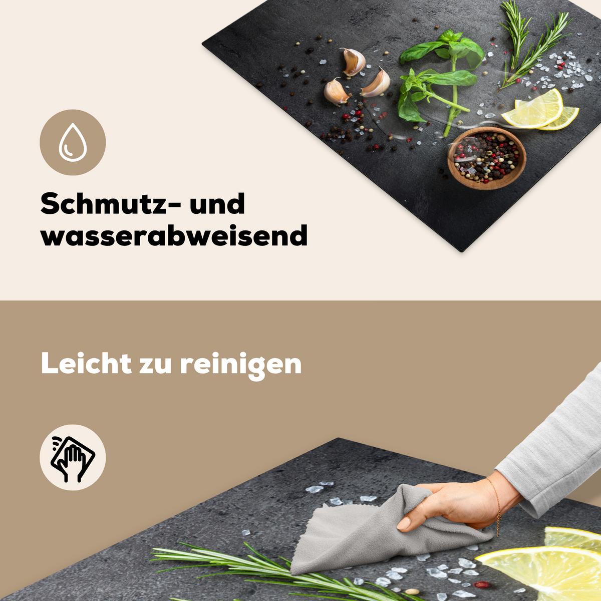 HERDABDECKPLATTE Limette - Kräuter - Gewürze - Grün - Grau - Beton Herdabdeckung Induktionsfeld 65x52 cm - Grün, Kunststoff (65/52/0.2cm) - MuchoWow