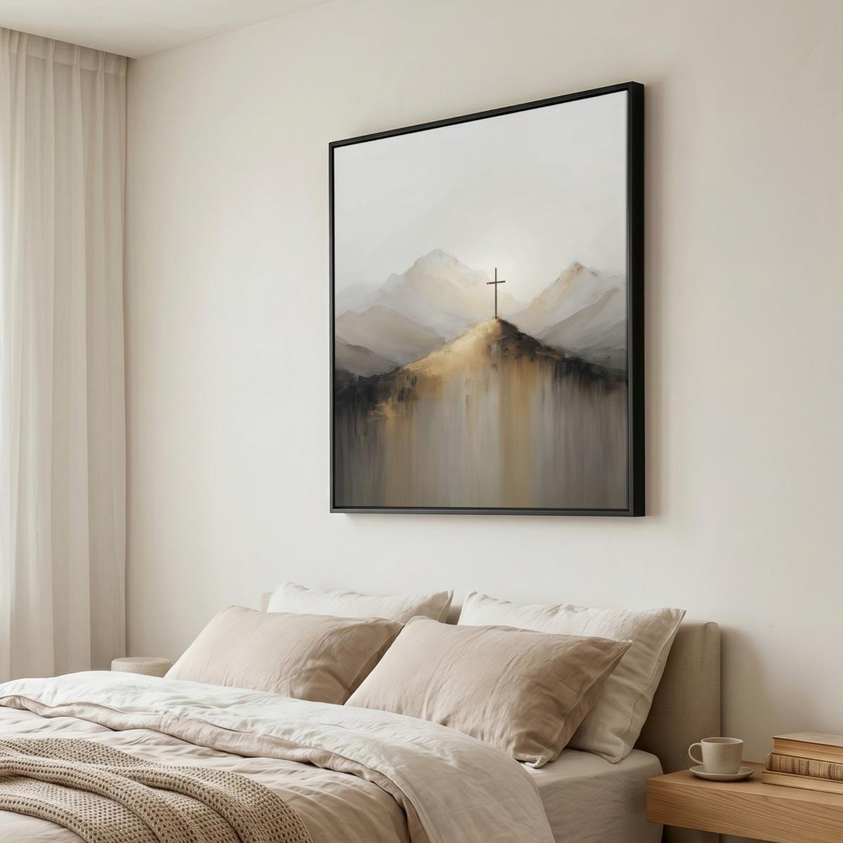 LEINWAND Bilder mit Rahmen - Hügel - Abstrakt - Kreuz - Christentum - 90x90 - Beige, Textil (90/90cm) - MuchoWow